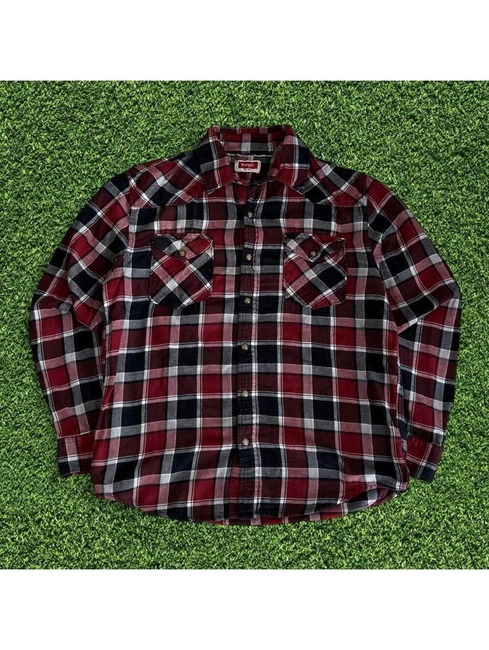 Wrangler Red Black White Plaid Flannel Shirt Pearl Snap M